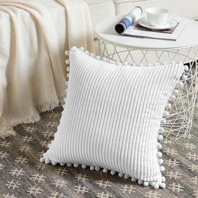 Fancy Homi Pack of 2 Soft Corduroy Decorative Throw Pillow Covers with Pom-poms, Solid Square Cushion Cases Set for Couch Sofa Bedroom Car (16x16 Inch/40 x 40 cm, Pure White)