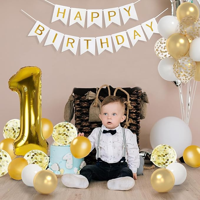 1st Birthday Decorations,40inch Gold Number 1 Balloon And Happy Birthday Banner With 12inch Metallic Gold White Confetti Balloons For One Year Old Boys Birthday Decorations