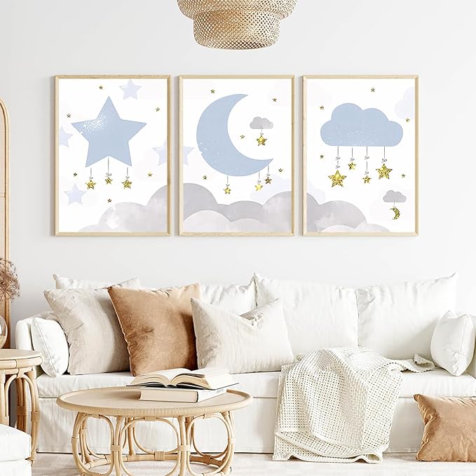 LUHDFYS Cartoon Moon and Stars Canvas Wall Art Print,Scandinavian Style Nursery Decor Poster,Blue Moon and Stars Wall Art,Cute Baby Room Classroom Decoration for Boys and Girls Unframed