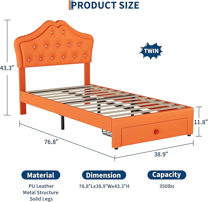 Garvee Twin Size Bed Frame with LED Lights & Velvet Crystal Button Headboard, Upholstered Boy/Girl Platform Bed with Storage Drawer, Noise Free, No Box Spring Needed for Kids, Teens, Orange