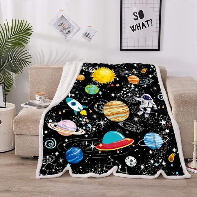 Outer Space Blanket for Boys - Constellation Solar System Fleece Ultra Soft Galaxy Rocket Planet Kids Gift for Birthday, Bed, Couch, Sofa, Living Room Decor