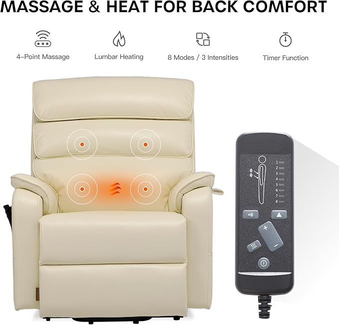 DYNOX Big Man Large-Wide Power Dual Motor Lift Recliners Chairs for Elderly Lay Flat Lift Chair with Infinite Positions, Heat & Massage, Supports 400 LBS(9298,Faux Leather,Cream)