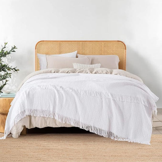 100% Cotton Waffle King Blanket with Fringe 104"x90", Pre-Washed Waffle Weave Blanket for All Season, Lightweight Breathable Soft Cozy Throw Blanket for Couch, Bed, Travel (White)