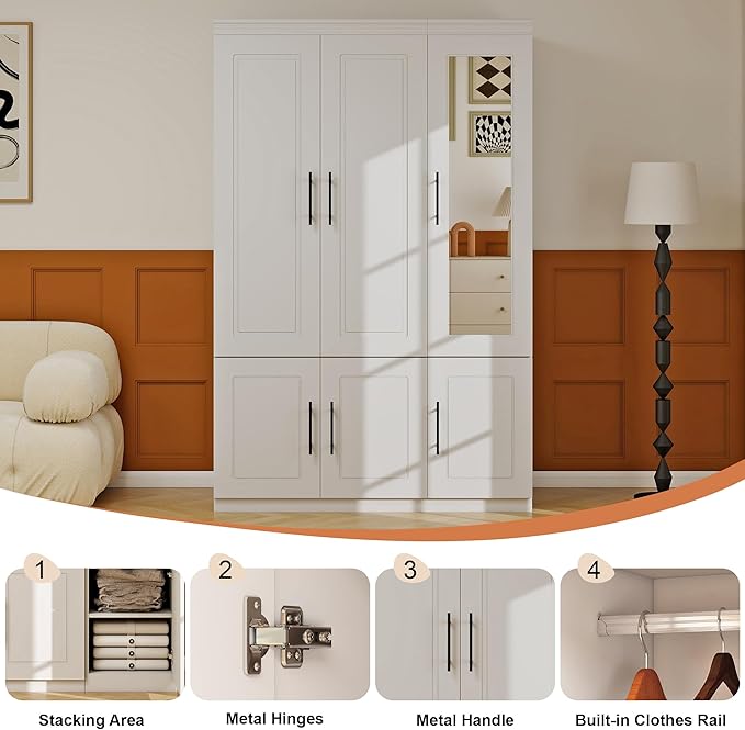 3 Door Armoire Wardrobe Closet with Mirror: White Wood Wardrobe Closet Cabinet Wooden Bedroom Armoire with Hanging Rods for Home/Bedroom/Living Room