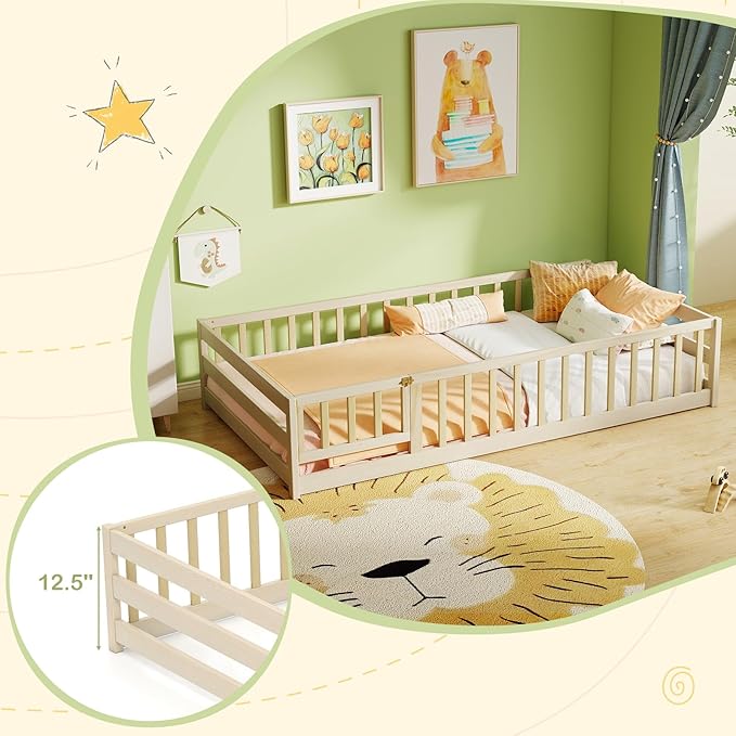 KOMFOTT Twin Size Wood Floor Bed with Door & Fence, Montessori Bed Frame with Full Length Safety Guardrails, Door & Latch, Wooden Montessori Floor Bed for Kids, Girls, Boys (Natural, Twin)