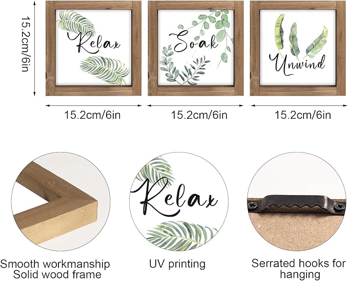 pechpell 3 Piece Relax Soak Unwind Wall Art Bathroom Signs, Wooden Sage Green Botanical Bathroom Decor, Nature Leaves Plant Pictures Table Top Shelf Desk Bedroom Rustic Farmhouse Home Decorations