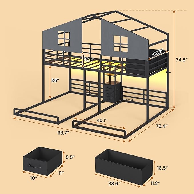 BTHFST Triple Bunk Bed Twin Size with House, 4 Storage Drawers, Charging Station and LED Lights, Metal Kids Bunk Bed with 13.4" H Safety Guardrail and Play Curtain, DIY House Shaped Bed, Black