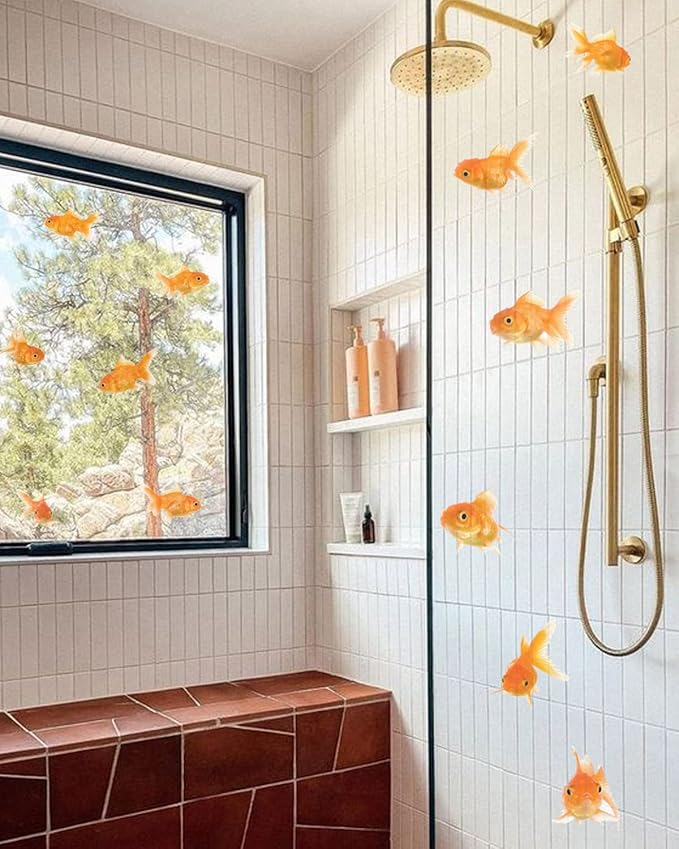 Generic Small Goldfish Decal Stickers: 12 Realistic Little Goldfish, Transparent Vinyl, Wall, Window, Car, Luggage, Orange, Animal Print, Reusable