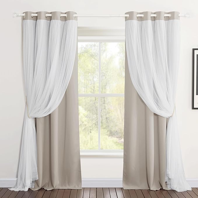 PONY DANCE Double-Layered Curtains - White Sheer Solid Blackout Curtains 72 Inch Length Elegant Grommet Panels for Living Room/Sliding Glass Door (W52xL72, Cream, One Pair)