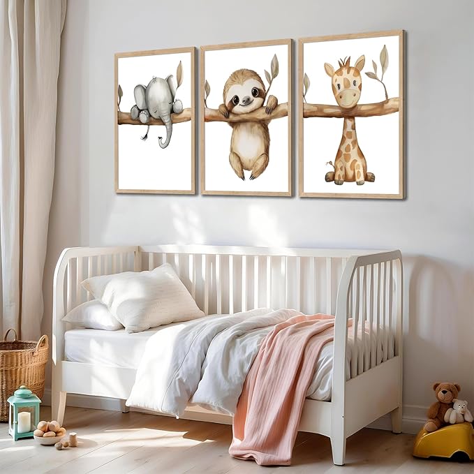 3Pcs Nursery Animal Wall Art Safari Nursery Canvas Poster Prints Jungle Kids Painting Cute Animal Elephant Sloth Giraffe Artwork Picture Wall Decor for Boys Room Girls Room 12x16in Unframed