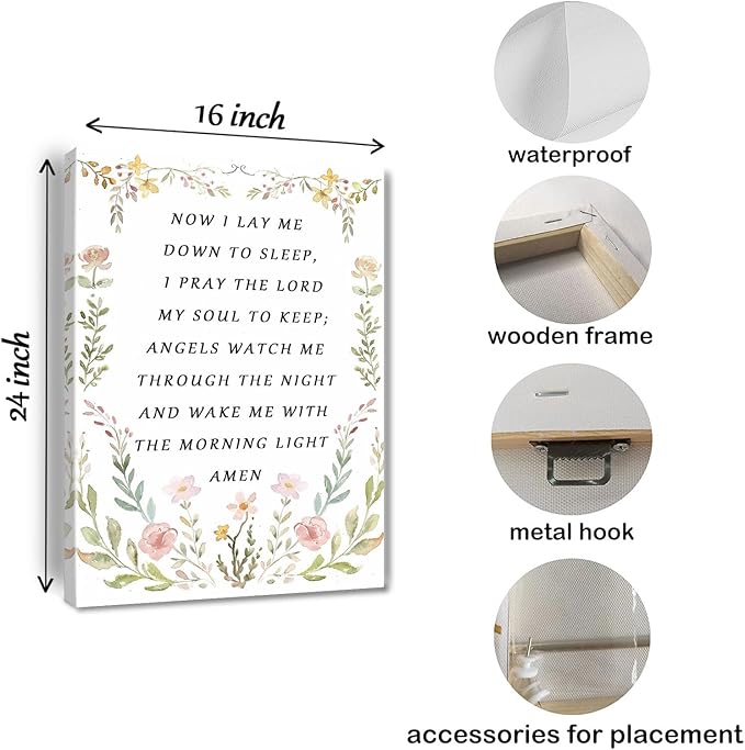 Nursery Bedtime Prayer Baby Room Now I Lay Me Down to Sleep Wildflower Canvas Wall Art Christian Child's Prayer Print Bible Verse Painting Home Decor Baptism Gifts for Girl Framed 16 * 24 inch