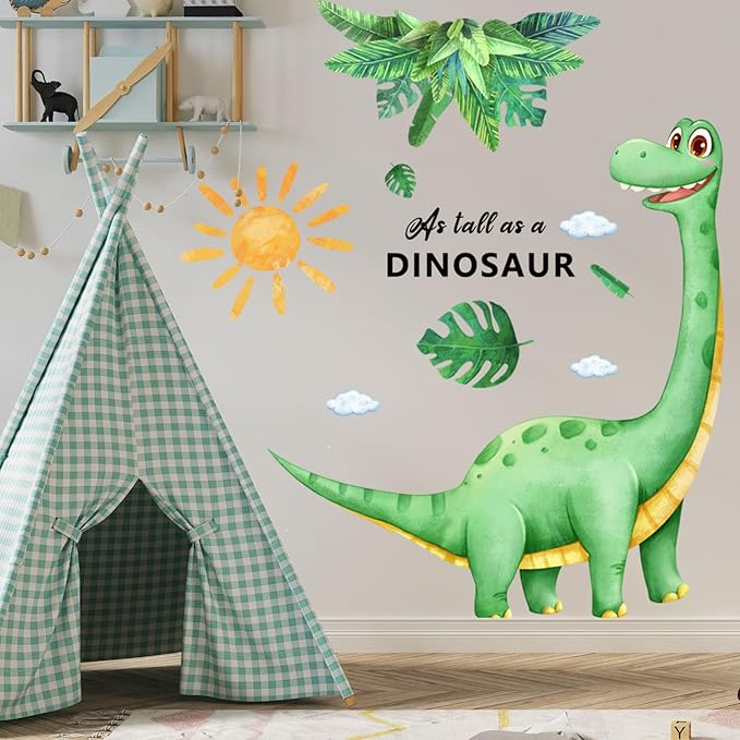 Large Dinosaur Wall Decals Removable Self-Adhesive Dino Mural with Palm Leaves Sun, Watercolor Kids Wall Stickers for Nursery Bedroom Playroom Boys Room Decor in Green and Yellow