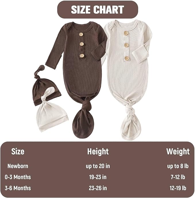 OPAWO Knotted Gown Baby Newborn Sleepers Baby Boy Coming Home Outfit, Bamboo Viscose Baby Gowns with Mitten Cuffs and Hat Set
