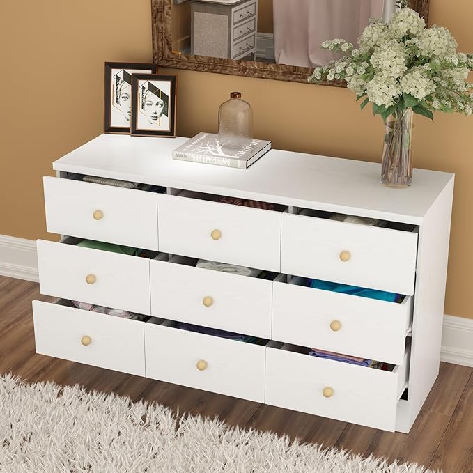 White Dresser for Bedroom 9 Drawer Dresser, Chest of Drawers Wide Dresser with Wood Knobs, Modern Dresser Drawer Chest, Living Room Hallway, Wood Grain, 15.7”D x 47.2”W x 27.6”H