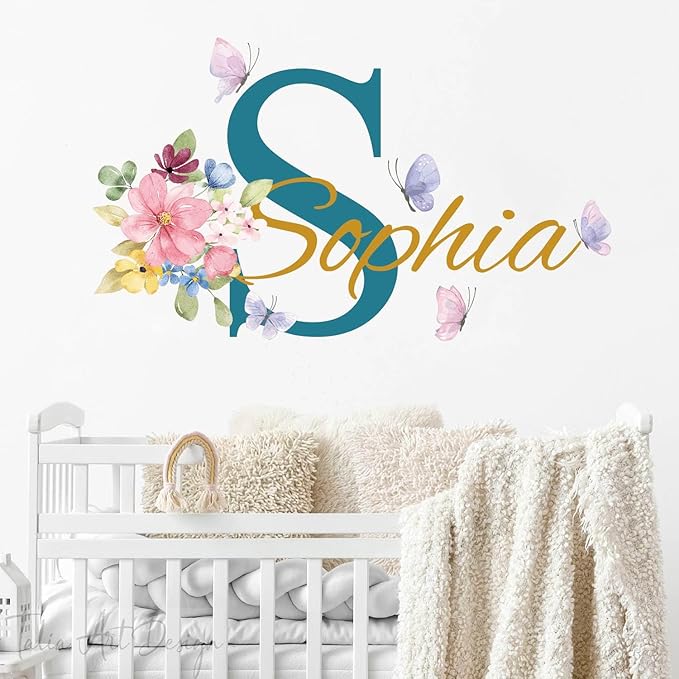 Butterfly Name Wall Sticker, Flower Custom Name Initial Name Wall Decals for Girls Room and Nursery