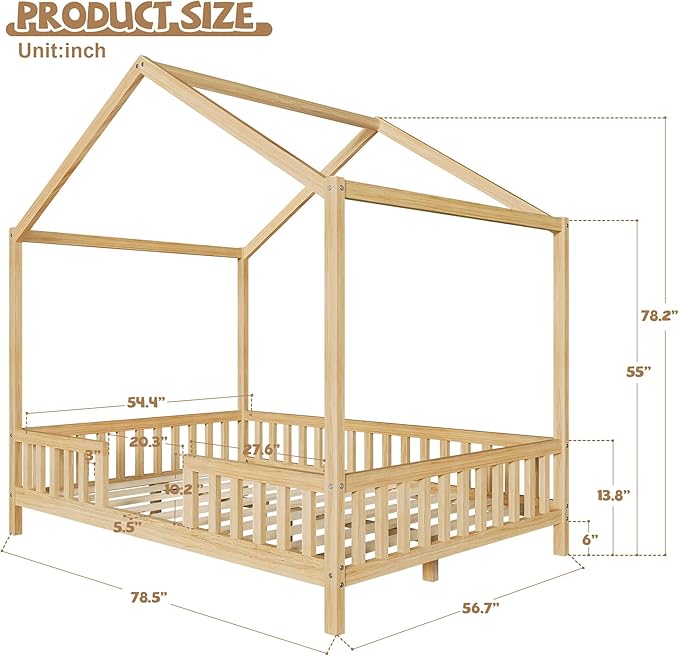 Montessori Floor Bed with Canopy, High Railings and Roof, Full Size Wood House Bed Frame for Kids Bedroom (Natural/C)