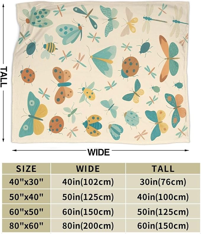Bugs Insects Throw Blanket Moth Beetle Dragonfly Blanket Soft Cozy Fleece Fuzzy Plush Warm Stuff Bedding Bugs Blankets Gift for Boys Girls Kids Adult Men Women 60"X80"