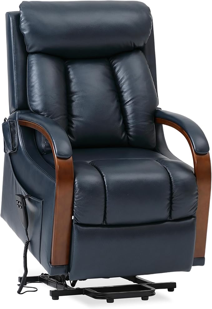 DYNOX Small Lift Chair Recliner with Heat and Massage, Dual Motor Power Lift Sofa for Elderly,Infinite Adjust for Back and Footrest,Side Pocket(9185,Genuine Leather,Blue