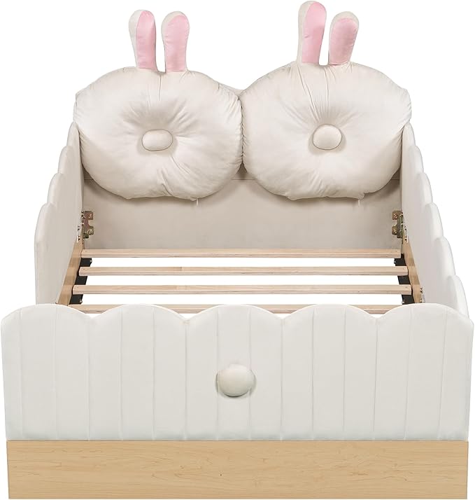 Twin Size Upholstered Platform Bed with Safety Guardrail and Cute Rabbit Ear Shaped Pillows, Velvet Fabric Montessori Kids Floor Bed with Pocket and Sturdy Slats Support (Beige-9.25)