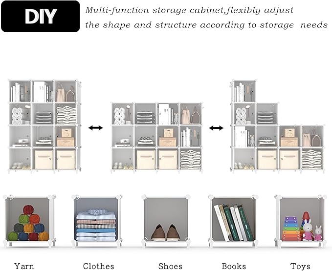 AWTATOS Cube Storage Closet Organizer 12 Cube Storage Shelves with Doors Closet Organizers and Storage Stackable Clothes Organizer for Bedroom, Home Office, White