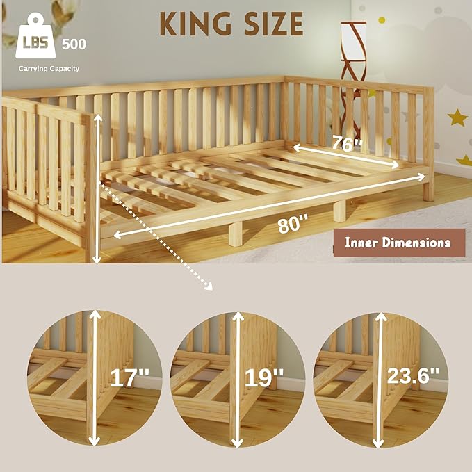 Montessori Floor Bed Designed with Open Front and Footed Model for Girls and Boys | Pine Wood Natural Solid Frame Beds with Slats | Sturdy Designed Floor Bed Frame for Kids (King, Height : 23 Inches)