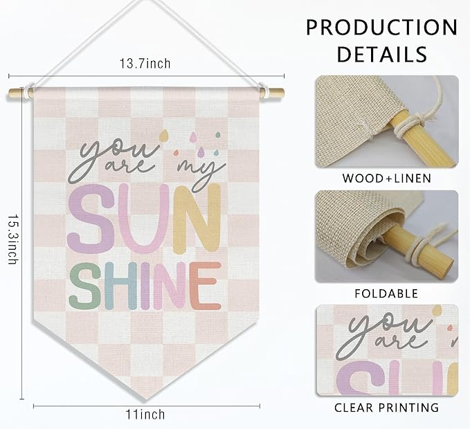 You are My Sunshine Kids Room Nursery Wall Art Decor Cavas Prints Hanger, Boy Girls Toddler Room Playroom Decor, Pink and White Checkered Pennant Flag, 15x11in