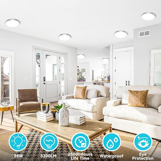 libtit 7 Inch Nickel Brushed Flush Mount Ceiling Light, 15W Ceiling Light Fixture,3000K/4000K/6500K Color Selectable,Ultra-Thin Round Ceiling Lighting Fixture for Bedroom Kitchen Pantry, 12 Pack