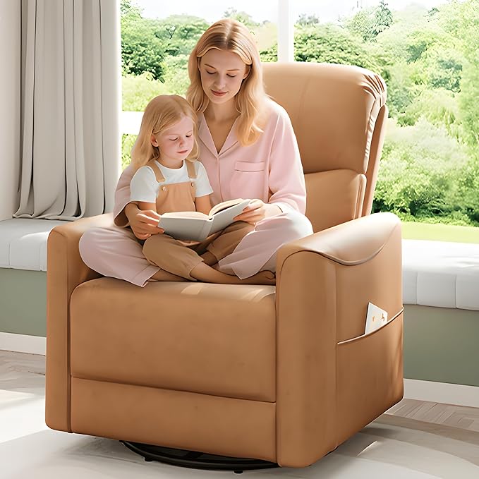 Power Swivel Rocker Recliner, 360° Swivel Nursery Rocking Chair, PU Leather Glider Rocking Recliner, Infinite Position Electric Chair for Adults with USB Port for Living Room, Amber Yellow