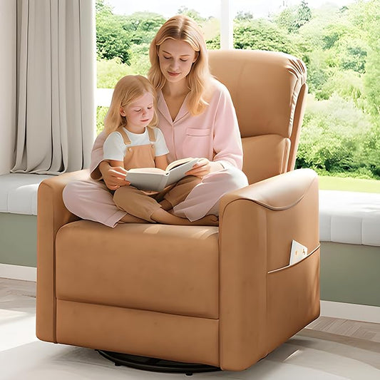 Power Swivel Rocker Recliner, 360° Swivel Nursery Rocking Chair, PU Leather Glider Rocking Recliner, Infinite Position Electric Chair for Adults with USB Port for Living Room, Amber Yellow