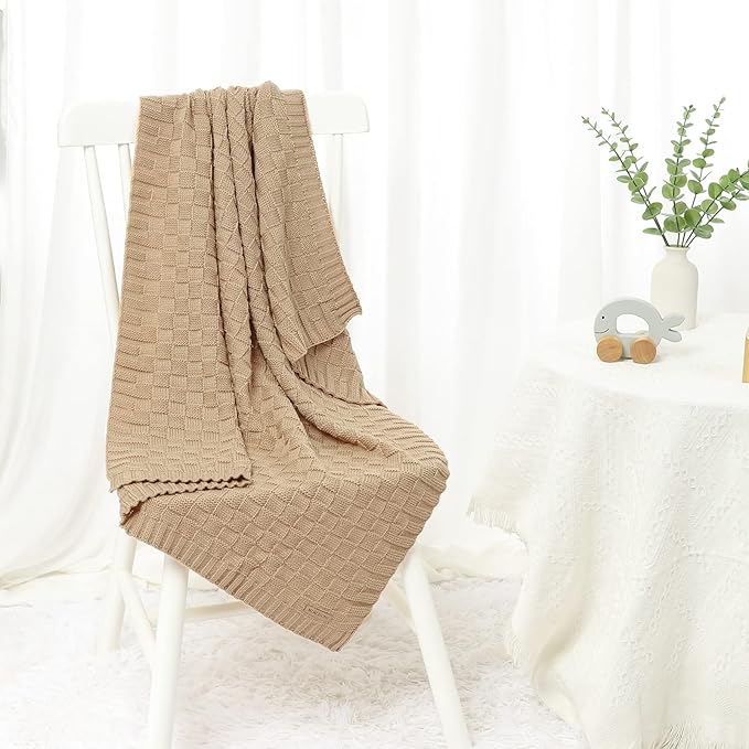 LAWKUL Baby Blankets Knit Cable Babe Blanket Soft Airy Newborn Infant Receiving Swaddling Beige Neutral Crib Stroller 40"x30"