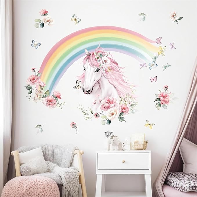 wondever Large Rainbow Wall Decals Horse Flower Peel and Stick Wall Art Stickers for Girls Bedroom Kids Room Baby Nursery