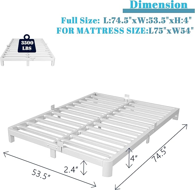 4 Inch Full Size Bed Frame with Metal Gaskets, White Bed Frame Full No Box Spring Needed, Rounded Corner Design, Heavy Duty Steel Platform Support, Noiseless, Easy Assembly