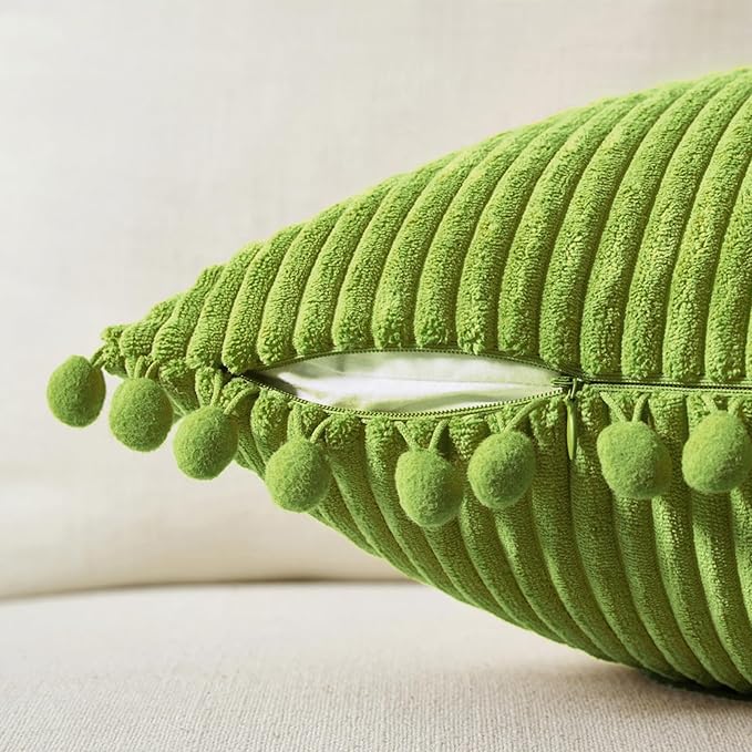Fancy Homi Pack of 2 Lime Green Decorative Throw Pillow Covers with Pom-poms, Soft Corduroy Solid Square Cushion Cases Set for Couch Sofa Bedroom Car Living Room (20x20 Inch/50x50 cm, Lime Green)