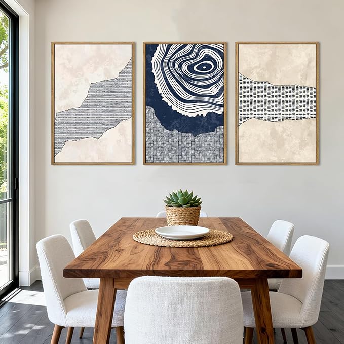 Anyzal Large Navy Blue Tree Rings Wall Art Framed Modern Abstract Neutral Paintings Artwork for Living Room Bedroom Office 16x24 Inch Set of 3