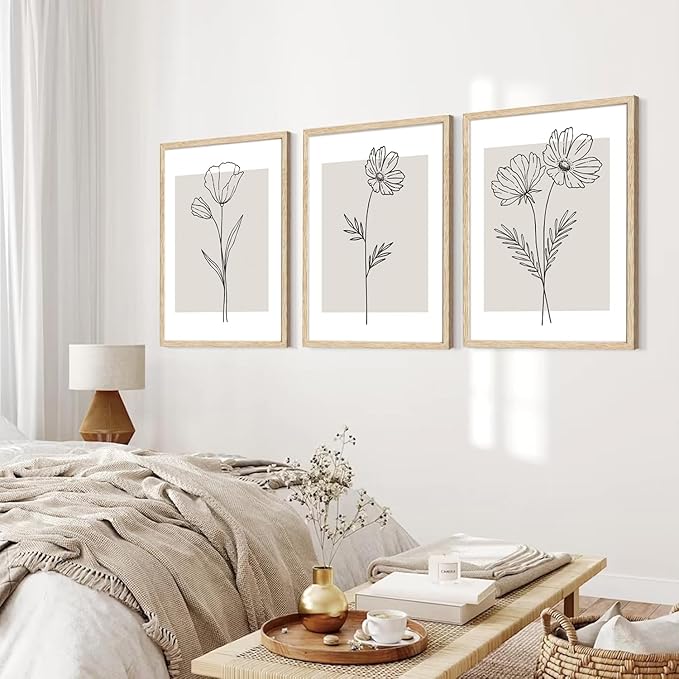 CHMMART 3 Piece Neutral Flower Framed Wall Art Beige Minimalist Floral Canvas Art Prints Boho Botanical Line Pictures Wall Decor Artwork Painting for Living Room Bedroom Office 16x20in