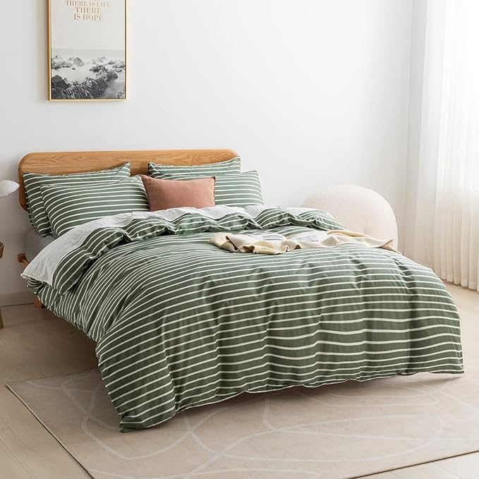 JELLYMONI Queen Duvet Cover Set, Cotton Duvet Cover 3 Pieces with Zipper Closure, 1 Duvet Cover and 2 Pillowcases(Green with White Striped)