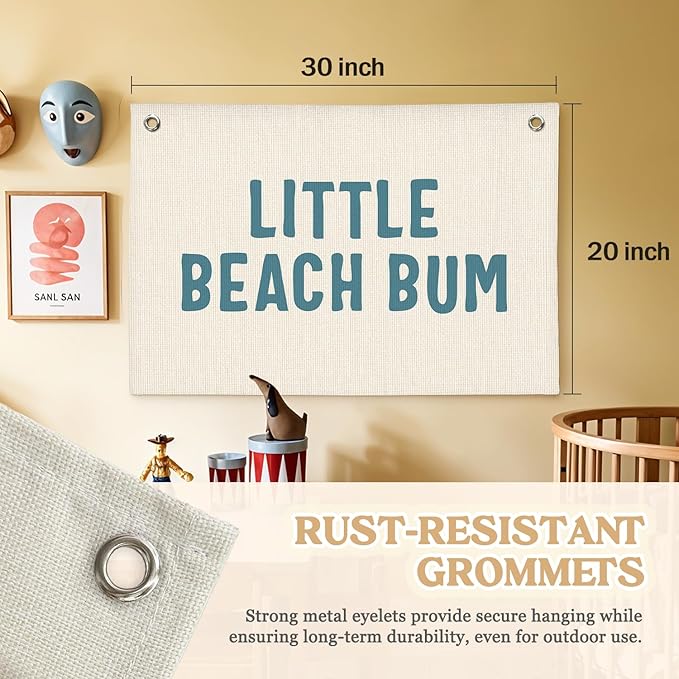 Little Beach Bum Canvas Banner - Coastal Nursery Wall Decor for Baby Kids Room Nursery Playroom,Beach Gifts,Summer Surf Vibes 30x20 Inch