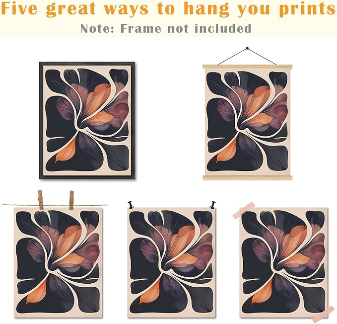 JINYO Vintage Boho Orange and Black Abstract Floral Wall Art Prints Set of 4, Dark Cottagecore Decor, Mid Century Modern Flower Wall Decor Posters Pictures for Home Bedroom Living Room, 8x10 Unframed