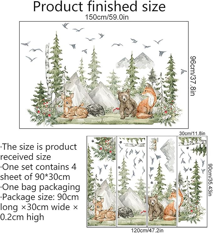4 Sheet of 36x12 inch Mountain Forest Wall Decal Woodland Bear Fox Deer Peel and Stick Wallpaper for Kids Boys Bedroom Nursery Playroom Large DIY Watercolor Animal Tree Mural Wall Art Decor