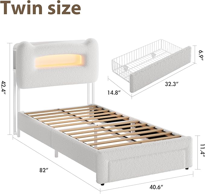 GarveeHome LED Twin Bed Frame with 2-Tier Storage Headboard, Upholstered Platform Bed with Charging Station and Drawer for Kids/Girls/Boys, Heavy Duty Metal Support, No Box Spring Needed, Beige