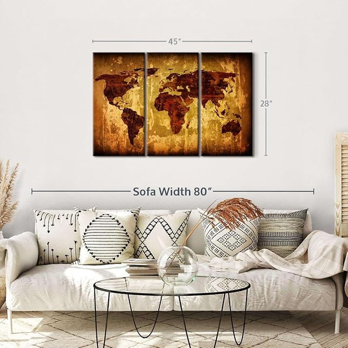 ElephantStock Vintage World Map Wall Art Multi Piece Canvas - 3 Piece Canvas World Map Wall Decor - Wall Decor - Ready-to-Hang Print - Vintage Wall Art - 45" X 28"
