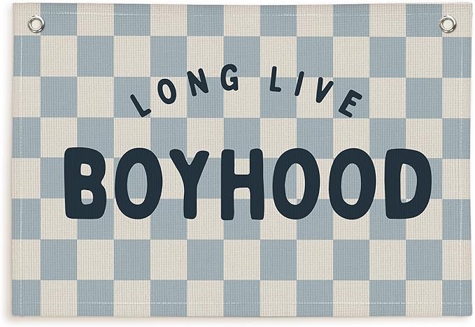 Lacama Blue Long Live Boyhood Boys Room Decor, Boy Nursery Decor, Linen Banner Wall Hanging Canvas Banner Flag Decor for Toddler Boy Room Nursery 30x20 In