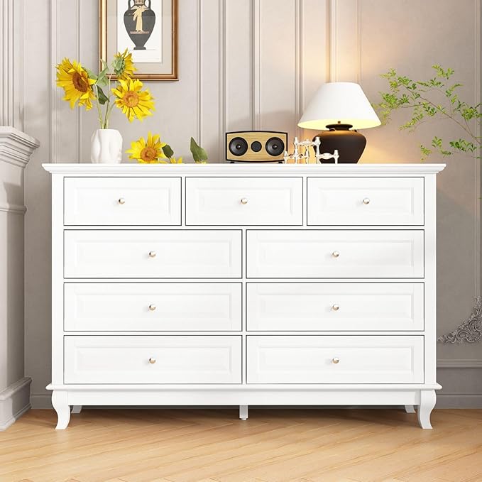Chest of Drawers 9 Drawer Dresser for Bedroom, Modern White Dresser with Silver Knobs, Wide 9 Drawer Chest with Wood Legs for Bedroom Living Room, 15.7”D x 55.1”W x 37”H