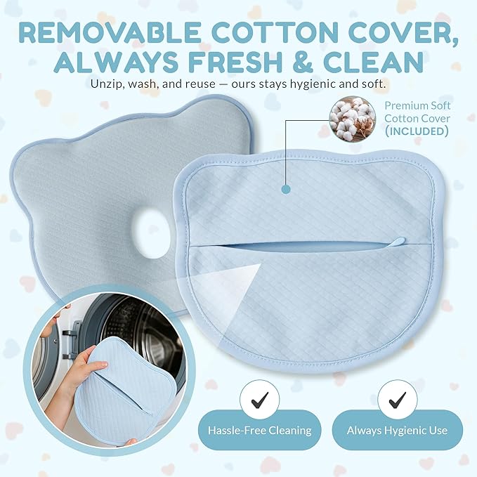 Baby Pillow for Newborns 0–12 Months – Memory Foam Head Shaping Pillow for Flat Head Prevention – Breathable Ergonomic Support with Washable Cotton Cover