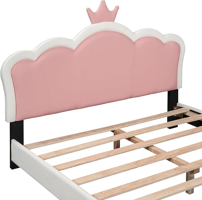 CITYLIGHT Full Size Pink Cute Bed, PU Upholstered Girl's Platform Bed Frame with Crown Headboard, Full Bed Frame for Kids and Teens, White+Pink