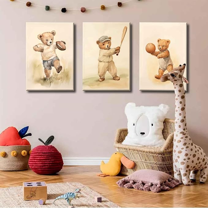 3Pcs Teddy Bear Sports Nursery Animal Canvas Wall Art Cute Woodland Baby Bear Rugby Wall Decor Pictures Football Basketball Baseball Kids Room Posters Prints for living Children Bedroom Decoration
