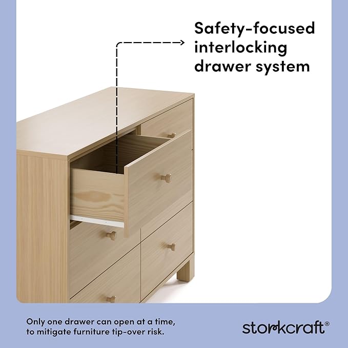 Storkcraft California 6 Drawer Double Dresser (Driftwood) – GREENGUARD Gold Certified, Spacious Storage Organizer for Kids’ Room, Safety Interlocking Drawer System