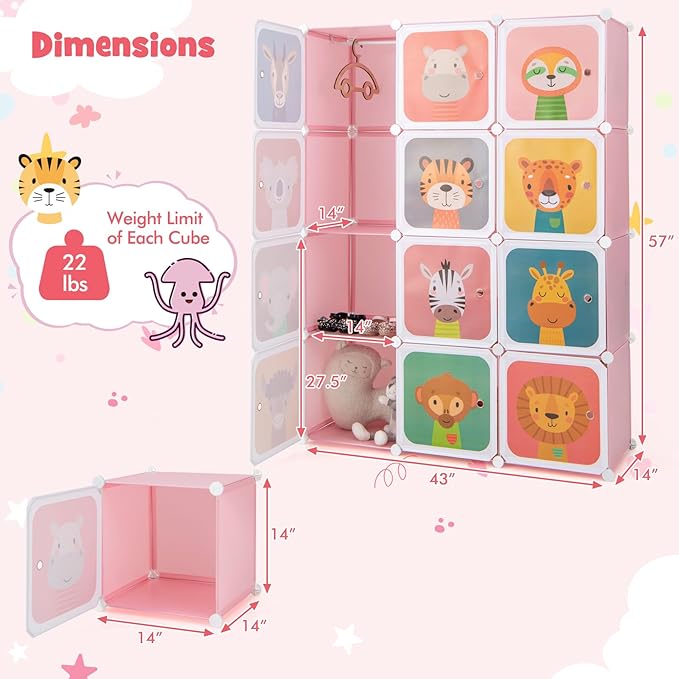 HONEY JOY Kids Wardrobe Closet, Baby Cartoon Clothes Storage Organizer, 12 Cubes & 2 Hanging Sections, Portable Children DIY Modular Bedroom Armoire Dresser Cabinet for Boys Girls (Pink)