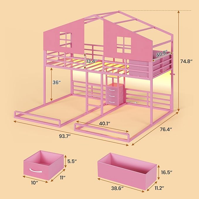 BTHFST Triple Bunk Bed Twin Size with House, 4 Storage Drawers, Charging Station and LED Lights, Metal Kids Bunk Bed with 13.4" H Safety Guardrail and Play Curtain, DIY House Shaped Bed, Pink
