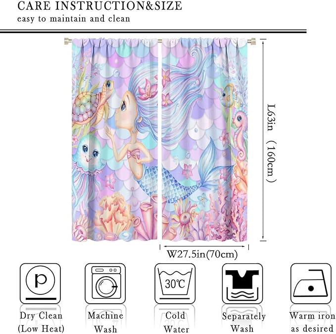 Fantasy Mermaid Curtain Dream Cartoon Marine Organisms Turtle Coral Ocean Theme Dream Blackout Window Treatment for Kids Girls Bedroom Nursery Room Decor Rod Pocket Window Drapes 55x63in